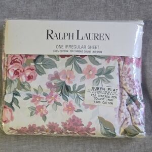 Ralph Lauren Pink and Green Floral Cotton Sheet - Queen Flat